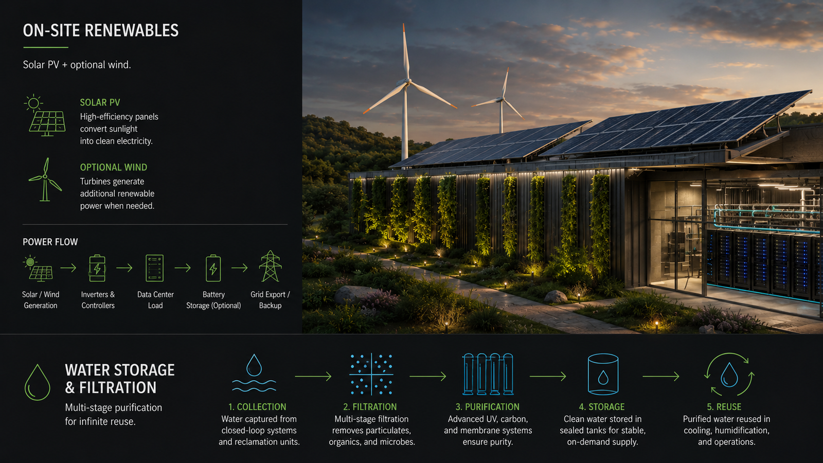 On-site renewables: solar PV and wind turbines with power flow diagram; water storage and filtration five-stage cycle from collection through UV purification to reuse. GPT-4o render, DragonWorx.