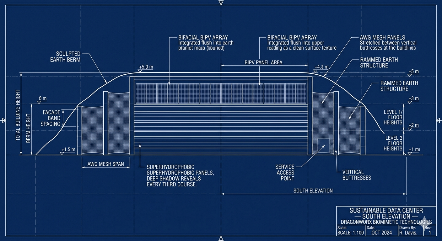 South Elevation — DragonWorx Sustainable Data Center: low-profile three-story building mass emerging from sculpted earth berm, bifacial BIPV array flush in upper facade, horizontal superhydrophobic band reveals, AWG fog-net mesh panels between vertical buttresses, rammed-earth flanks.