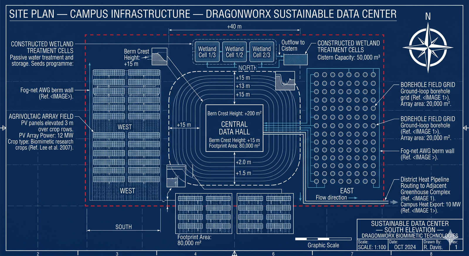 Site Plan — Campus Infrastructure — DragonWorx Sustainable Data Center: central data hall with earth berm contours, west agrivoltaic array field, east borehole field grid, north constructed wetland treatment cells, district heat pipeline routing south to greenhouse complex.