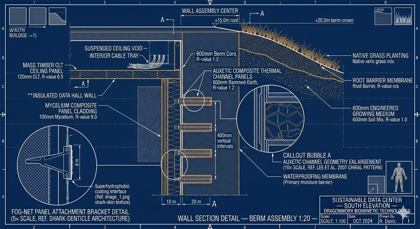 Wall Section Detail — Berm Assembly 1:20 — DragonWorx: interior mass timber CLT ceiling, mycelium composite panel cladding, auxetic composite thermal channel panels at 400mm intervals embedded in rammed-earth berm core, waterproofing membrane, 600mm engineered growing medium, root barrier, native grass planting. Fog-net panel attachment bracket detail callout.