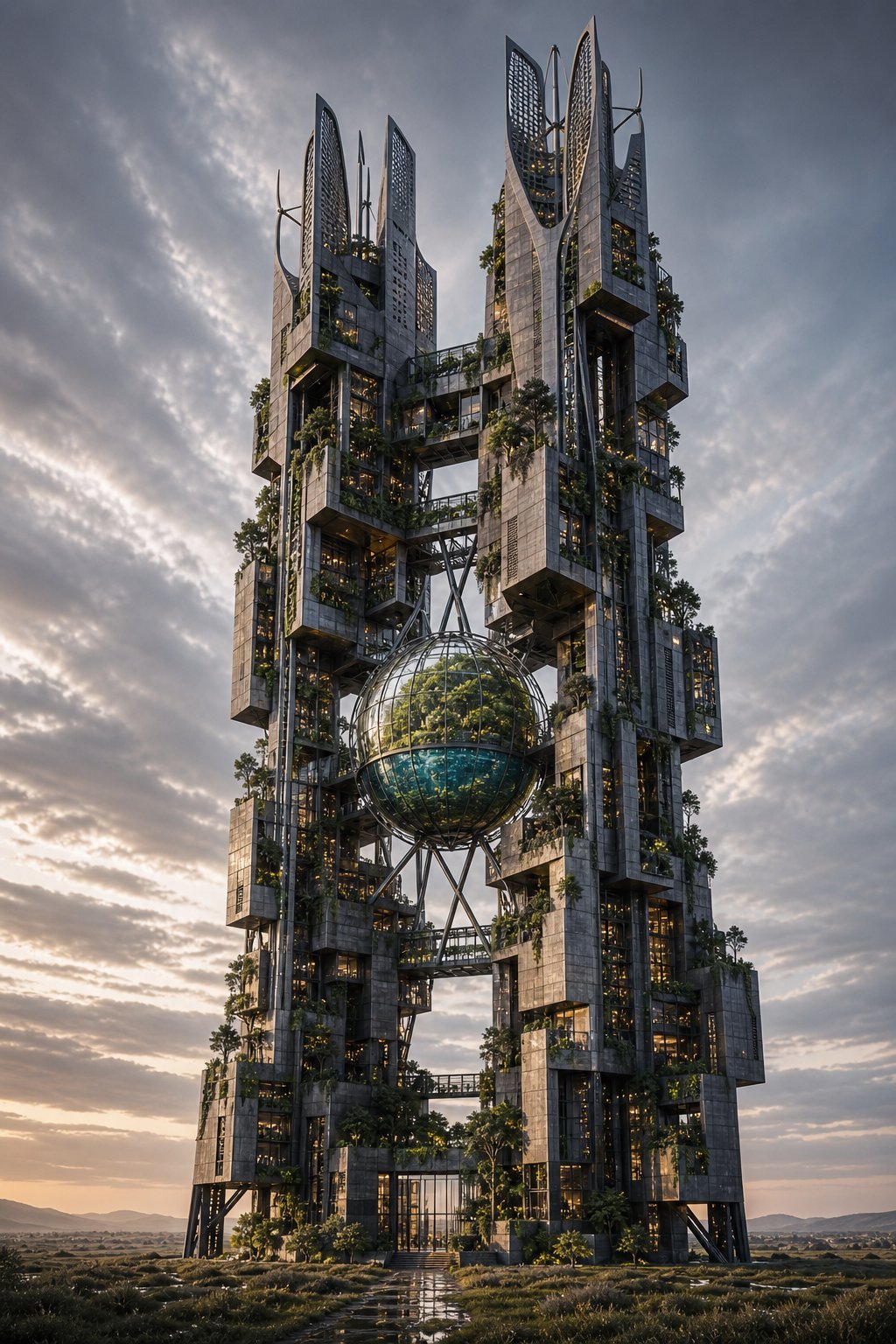 Verdant Tower — twin granite monoliths with tensegrity aquatic biosphere